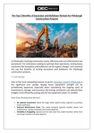 The Top 5 Benefits of Excavator and Bulldozer Rentals for Pittsburgh Construction Projects