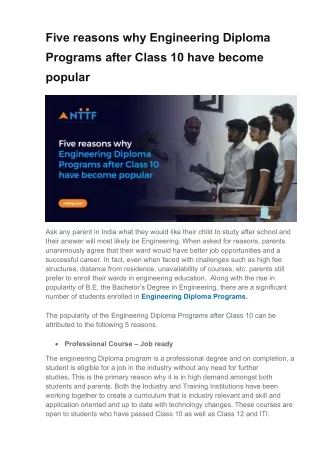 Five reasons why Engineering Diploma Programs after Class 10 have become popular