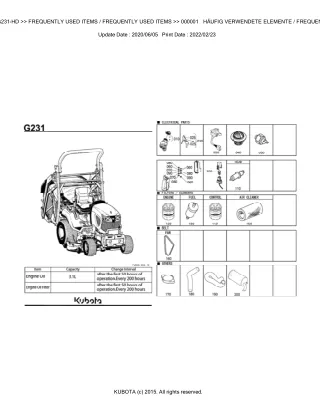 Kubota G231-HD Garden Tractor Parts Catalogue Manual (Publishing ID BKIDK5348)