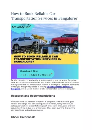 How to Book Reliable Car Transportation Services in Bangalore