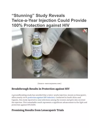 “Stunning” Study Reveals Twice-a-Year Injection Could Provide 100% Protection against HIV