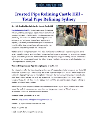 Trusted Pipe Relining Castle Hill – Total Pipe Relining Sydney