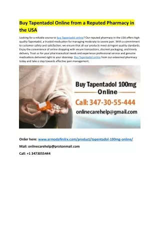 Buy Tapentadol Online from a Reputed Pharmacy in the USA