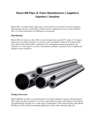 Monel 400 Pipes & Tubes Exporters