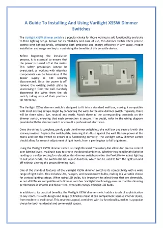 A Guide To Installing And Using Varilight XS5W Dimmer Switches