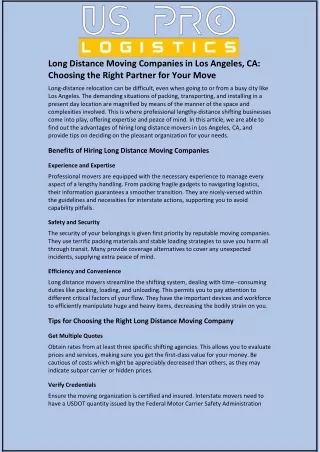 Long Distance Moving Companies in Los Angeles, CA: Choosing the Right Partner