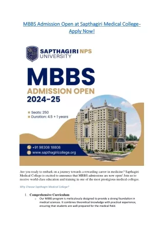 MBBS Admission Open at Sapthagiri Medical College - Apply Now! @9830818808