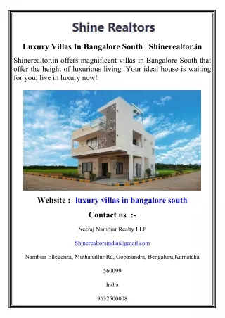 Luxury Villas In Bangalore South   Shinerealtor.in