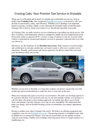 Cruising Cabs - Your Premier Taxi Service in Drysdale