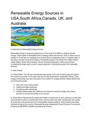 Renewable Energy Sources in USA,South Africa,Canada, UK, and Australia