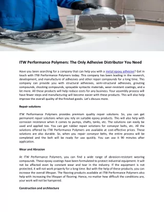 ITW Performance Polymers The Only Adhesive Distributor You Need