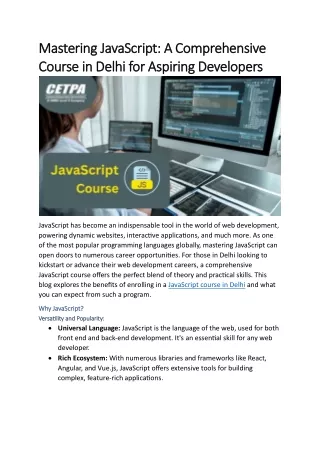 Mastering JavaScript A Comprehensive Course in Delhi for Aspiring Developers