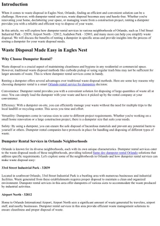 Waste Disposal Designed Effortless in Eagles Nest, Orlando with Dumpster Rental