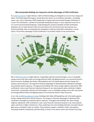 Why Sustainable Buildings Are Important and the Advantages of LEED Certification