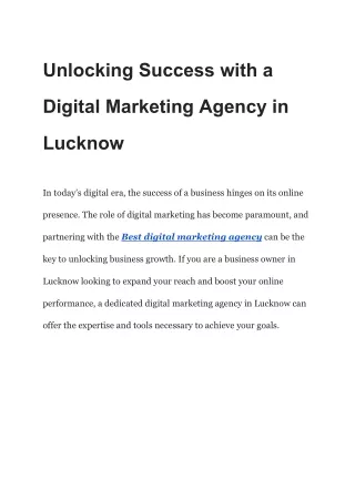 Unlocking Success with a Digital Marketing Agency in Lucknow