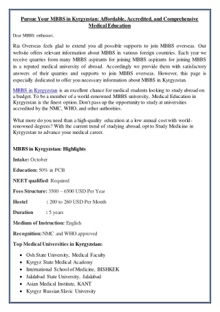 Pursue Your MBBS in Kyrgyzstan: Affordable, Accredited, and Comprehensive Medica