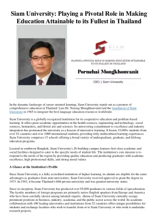 Siam University: Playing a Pivotal Role in Making Education Attainable