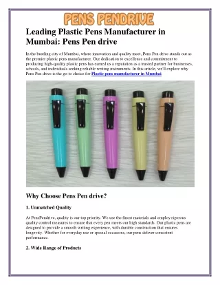 Plastic Pens Manufacturer in Mumbai for Quality Writing Instruments