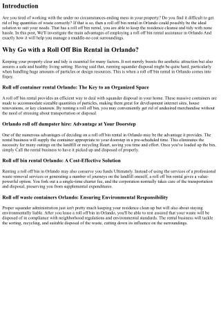 Keep the Assets Clean up and Tidy with a Roll Off Bin Rental in Orlando