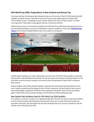 FIFA World Cup 2026 Preparations in New Zealand and Kansas City