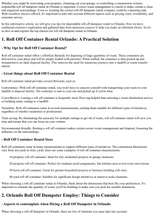 Recommendations for Reliable Roll Off Dumpster Rental in Orlando