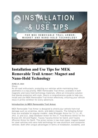 Installation and Use Tips for MEK Removable Trail Armor