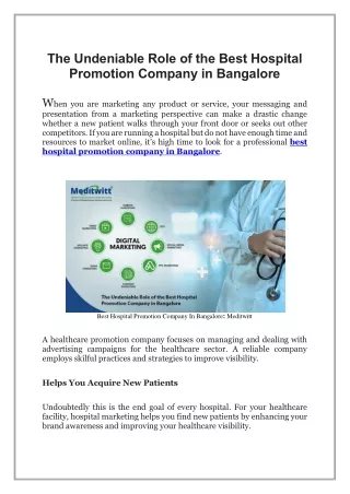 The Undeniable Role of the Best Hospital Promotion Company in Bangalore