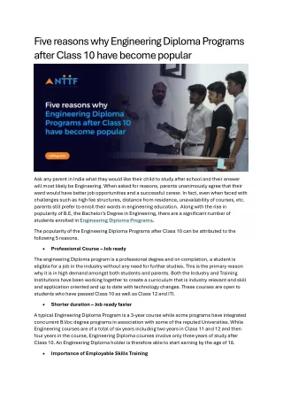 Five reasons why Engineering Diploma Programs after Class 10 have become popular