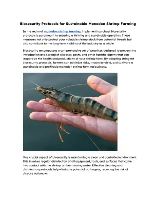 Biosecurity Protocols for Sustainable Monodon Shrimp Farming