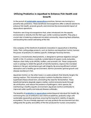 Utilizing Probiotics in Aquafeed to Enhance Fish Health and Growth