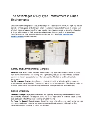 The Advantages of Dry Type Transformers in Urban Environments