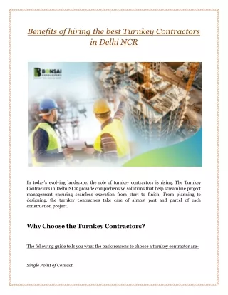 Benefits of hiring the best Turnkey Contractors in Delhi NCR