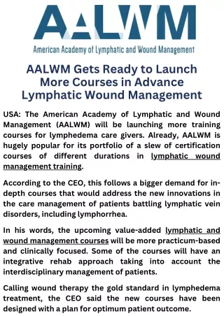 AALWM Gets Ready to Launch More Courses in Advance Lymphatic Wound Management