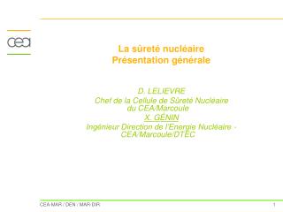 La sûreté nucléaire Présentation générale D. LELIEVRE Chef de la Cellule de Sûreté Nucléaire du CEA/Marcoule X. G É NIN