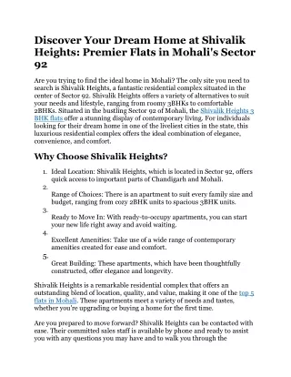 Discover Your Dream Home at Shivalik Heights: Premier Flats in Mohali's Sector91