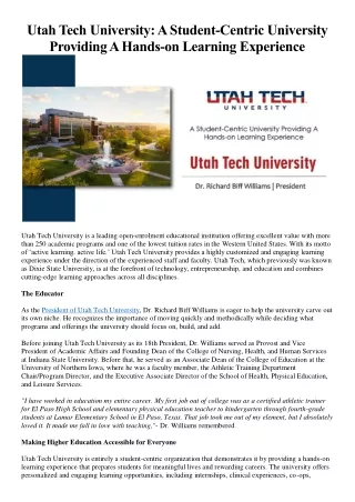 Utah Tech University: A Student-Centric University Providing A Hands-on Learning