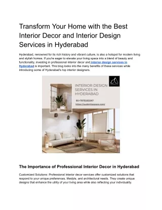 Transform Your Home with the Best Interior Decor and Interior Design Services in Hyderabad