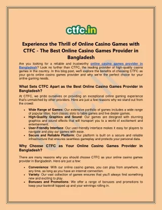 Experience the Best Online Casino Games in Bangladesh with CTFC