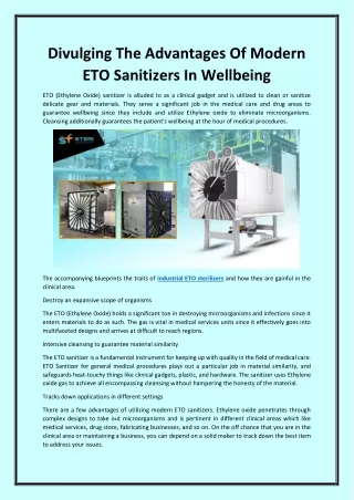 Divulging The Advantages Of Modern ETO Sanitizers In Wellbeing