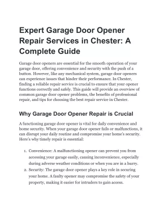 Expert Garage Door Opener Repair Services in Chester: A Complete Guide