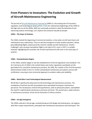 From Pioneers to Innovators The Evolution and Growth of Aircraft Maintenance Engineering