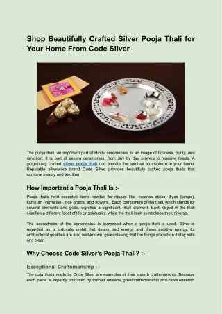 Shop Beautifully Crafted Silver Pooja Thali for Your Home From Code Silver