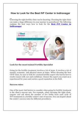 How to Look for the Best IVF Center in Indiranagar