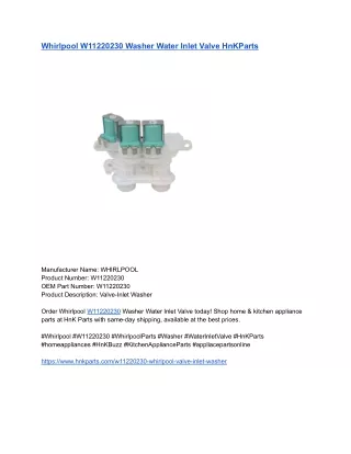 Whirlpool W11220230 Washer Water Inlet Valve HnKParts