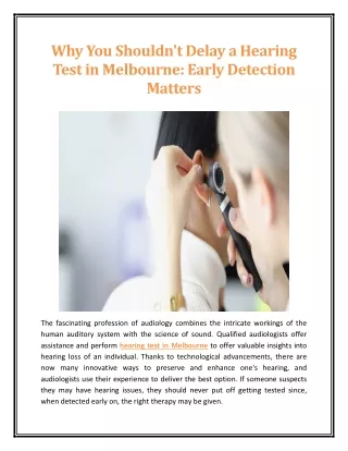 Why You Shouldnt Delay a Hearing Test in Melbourne Early Detection Matters