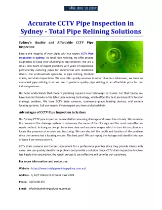 Accurate CCTV Pipe Inspection in Sydney - Total Pipe Relining Solutions