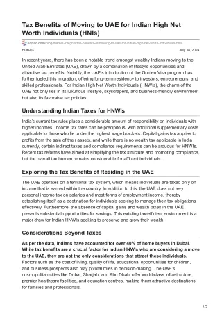 Tax Benefits of Moving to UAE for Indian High Net Worth Individuals HNIs - Eqbac