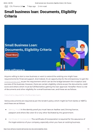 Small business loan- Documents, Eligibility Criteria