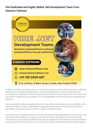 Hire Dedicated and Highly Skilled .Net Development Team From Stamens Software