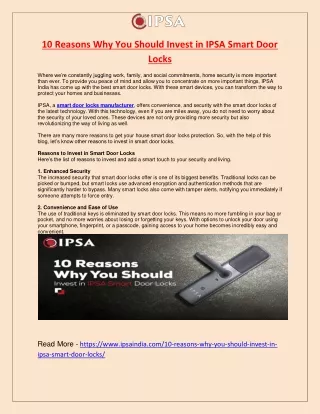 10 Reasons Why You Should Invest in IPSA Smart Door Locks